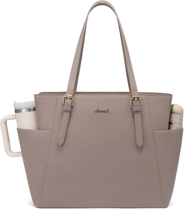 Laptop Tote Bag for Women With Large Cup Holder, Leather Work Tote Bag for Women,15.6 Inch Professional Computer Briefcase Business Teacher Commuter Shoulder Bag,Office Travel Gift Nude Color