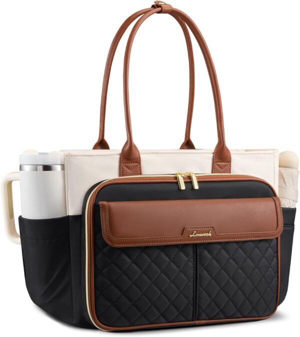 Teacher Tote Bag for Women, Laptop Bag Briefcase with Accordion File Pocket, Nurse Handbag for Work, Travel, College Black-beige-brown