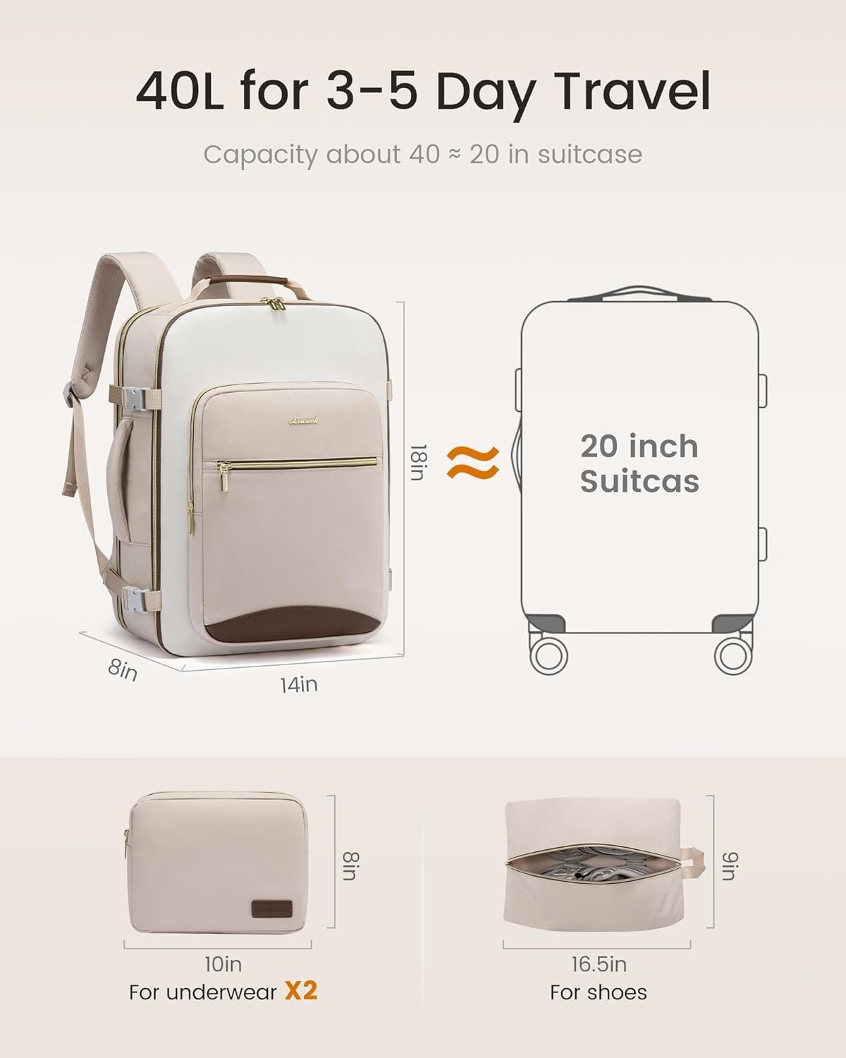 40L Travel Backpack for Women & Men, Airline Approved Carry On Luggage with 3 Packing Cubes, TSA Overnight Bags, Waterproof Personal Item Bag, Weekender Essentials Backpacks fits 17" Laptop Light Khaki-beige-coffee - Image 5