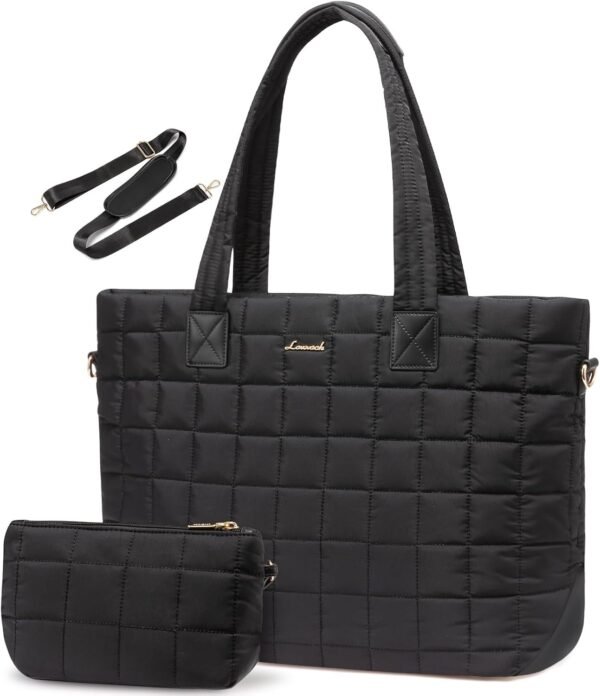 Laptop Tote Bag for Women, 15.6 Inch Large Puffer Work Tote Computer Bags, Quilted Women's Shoulder Purse Bag with Zipper, Teacher Office Handbag for Travel College Business, Gifts, Black Black