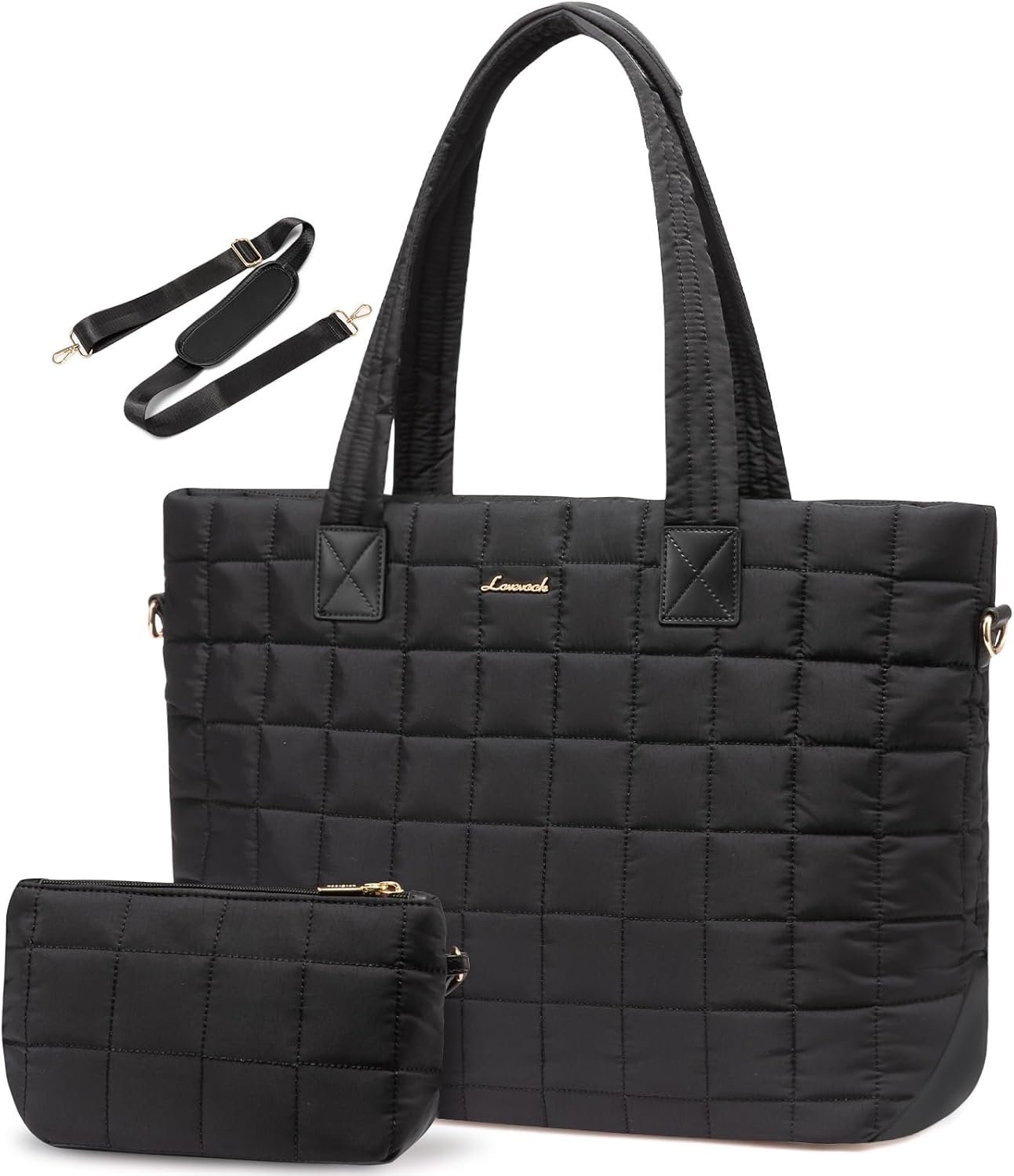 Laptop Tote Bag for Women, 15.6 Inch Large Puffer Work Tote Computer Bags, Quilted Women's Shoulder Purse Bag with Zipper, Teacher Office Handbag for Travel College Business, Gifts, Black Black