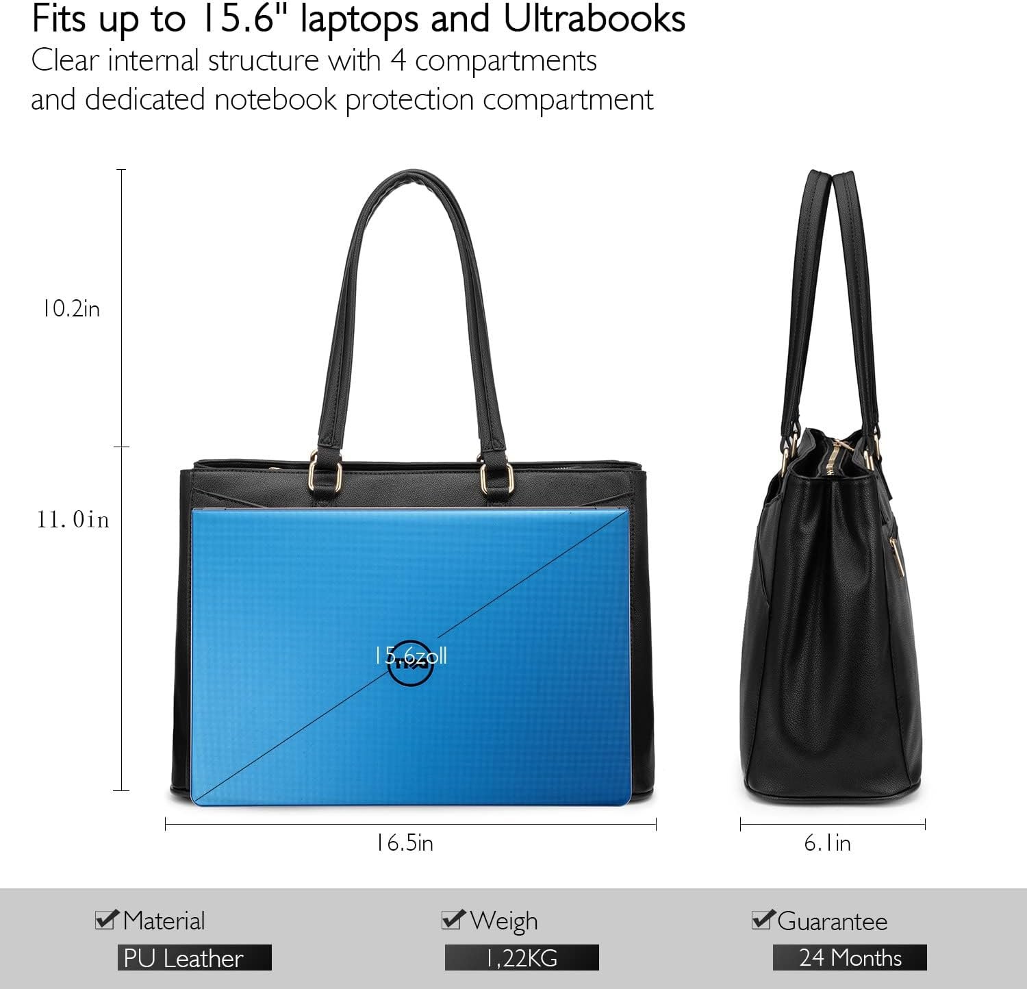 Laptop Tote Bag for Women 15.6 Inch Waterproof Leather Computer Bags Business Office Work Briefcase Black 15.6 inch - Image 5