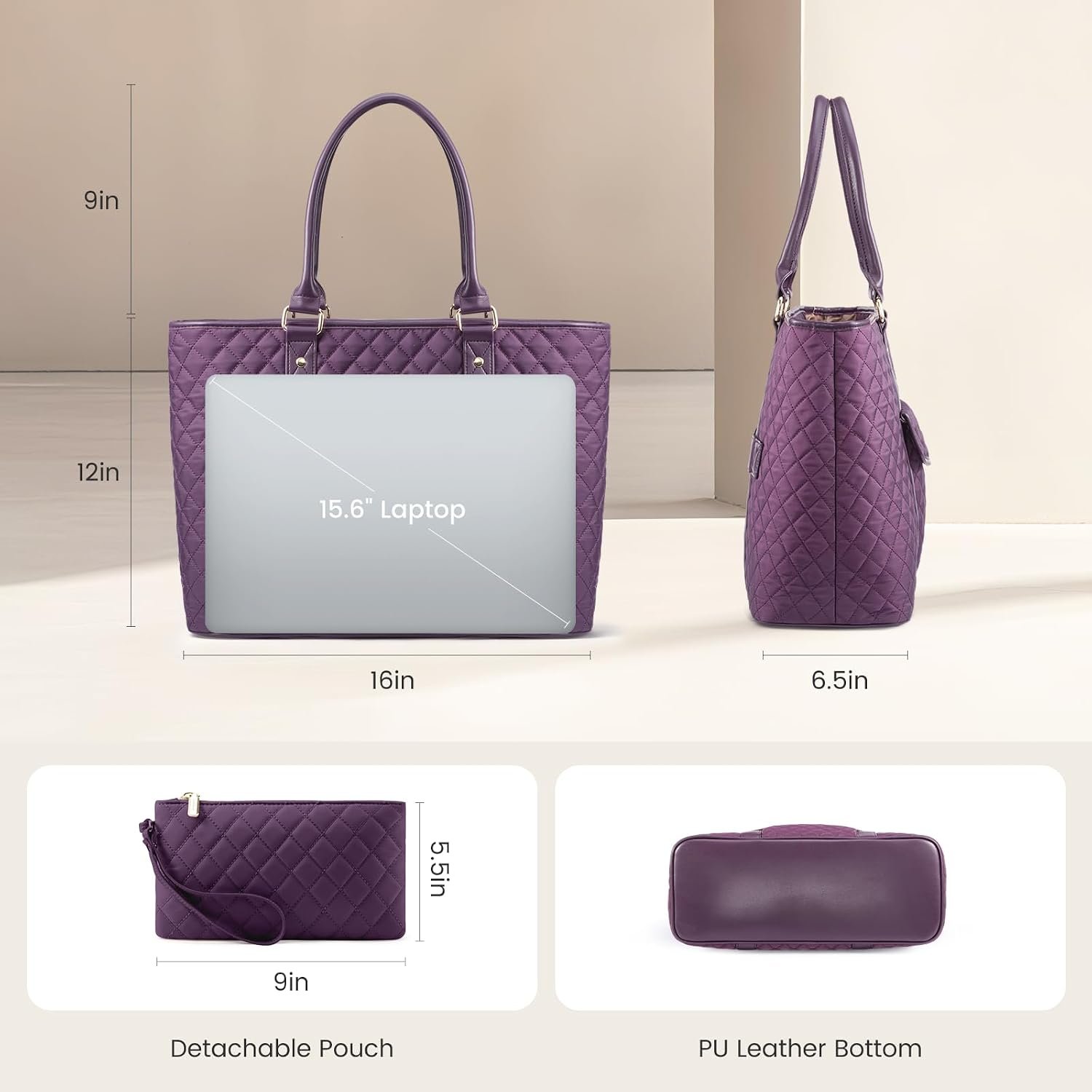 Laptop Tote Bag for Women 15.6 Inch,Waterproof Computer Bag for Laptop for Womens,Quilted Travel Work Tote Bags for Women,Stylish Laptop Bag Purse with Luggage Sleeve for Teacher,Nurse,Office 15.6 Inch - Image 6
