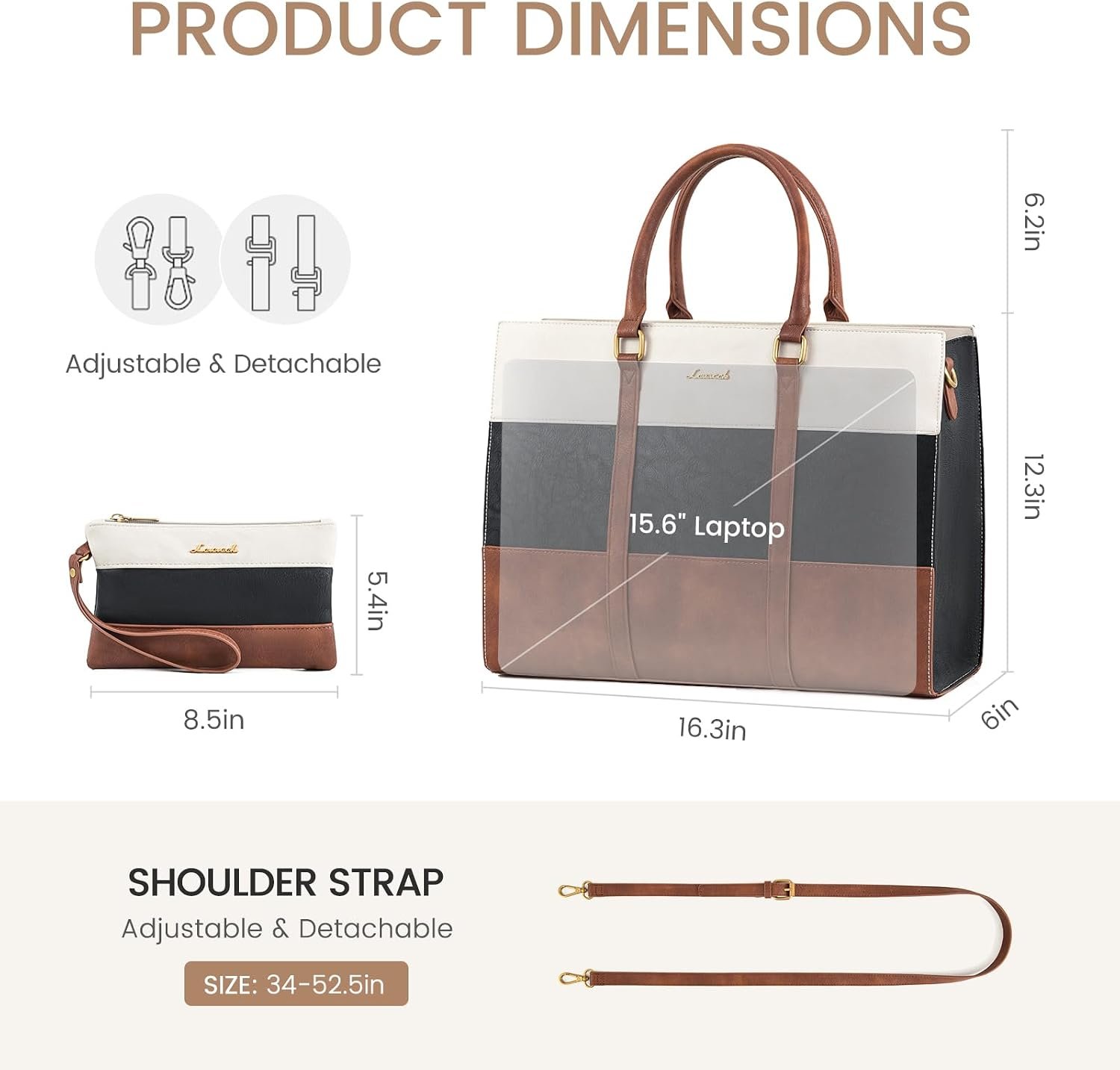 Laptop Bag for Women, 15.6 Inch Work Bags for Women, Vintage Leather Laptop Tote Bag, Waterproof Computer Bags with Clutch Purse, Large Capacity Briefcase, Business Office Handbag for Work Black - Brown - Beige - Image 5