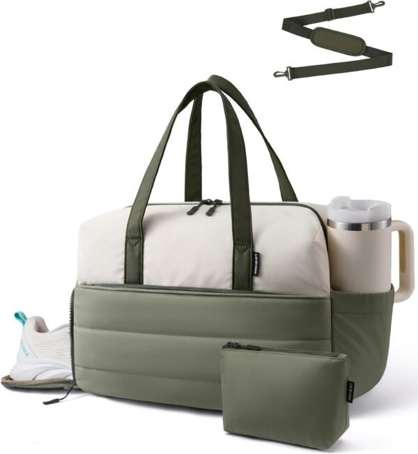 Small Gym Bag for Women with Large Tumbler Holder Pocket, Carry on Weekender Travel Duffel Bag with Shoe Compartment, Overnight Mini Personal Bag with pouch for Workout Sport Dance Yoga Green White