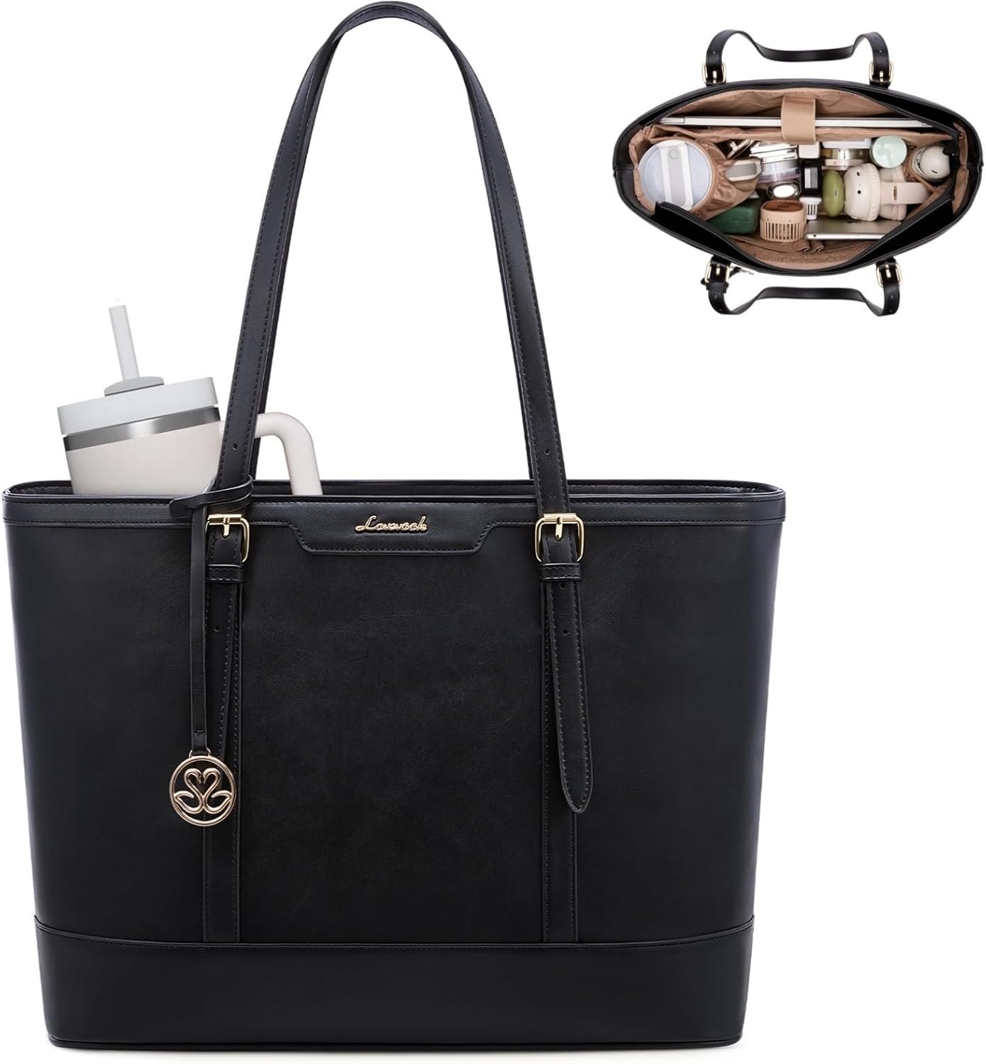 Laptop Bag for Women, 15.6 Inch Large Work Tote Bag with 40oz Cup Holder, Waterproof PU Leather Computer Briefcase for Teacher, Professional Business Shoulder Purse Black Black