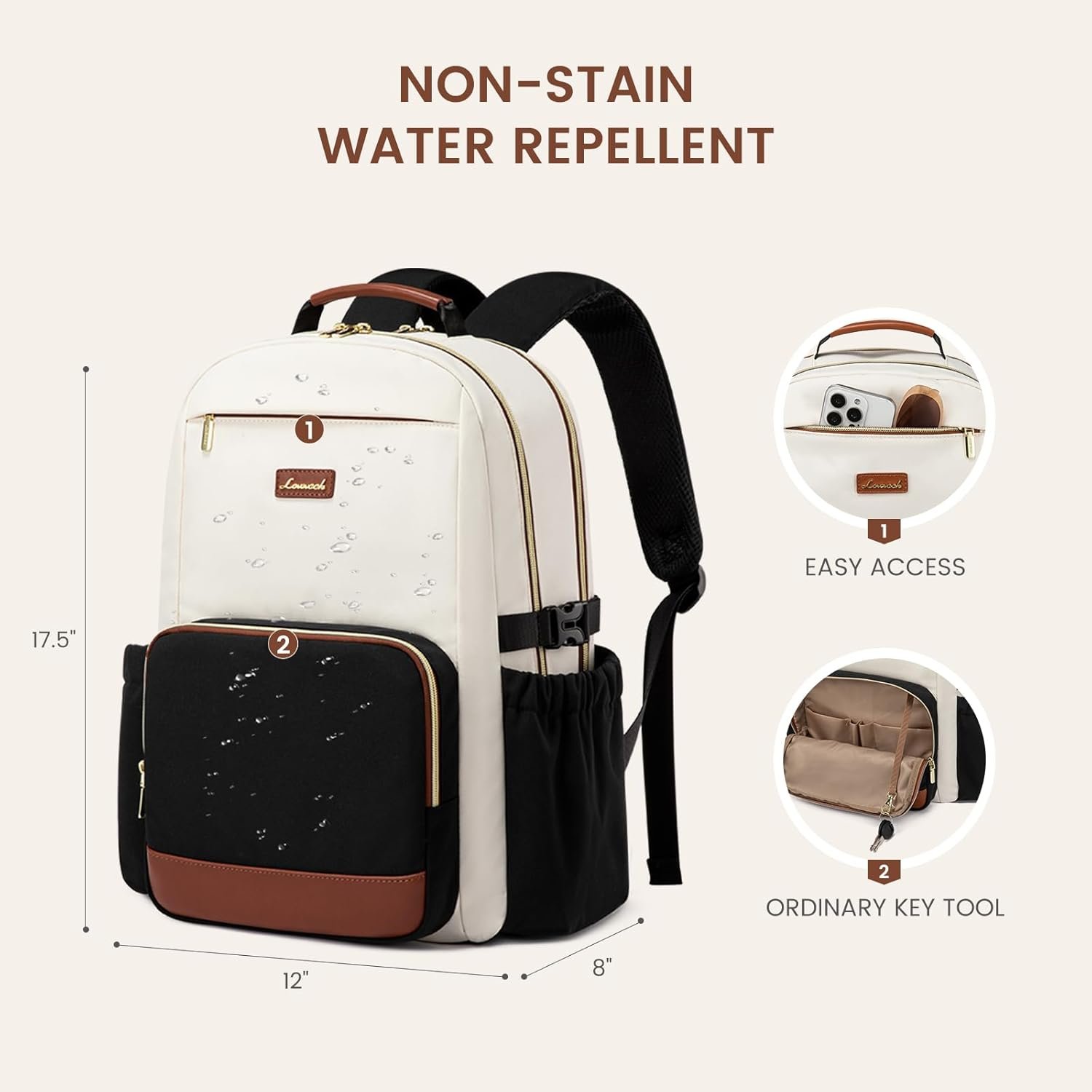 Laptop Backpack for Women with Pouch Pocket for Large Capacity Cup,15.6 Inch Laptop Computer Bag Travel Backpack Purse,Waterproof Work Business Backpack College Teacher Bags,Beige-Black-Brown Beige - Black - Chestnut Brown - Image 5
