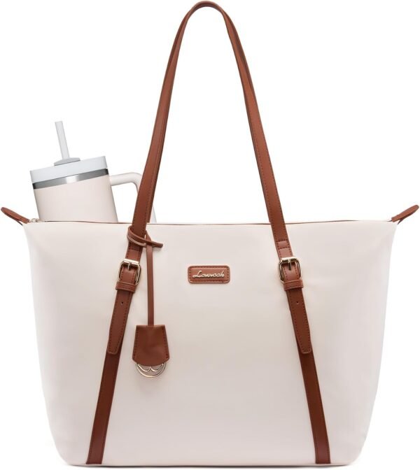 Laptop Tote Bag for Women, Lightweight Work Tote with Cup Holder, Waterproof Large Computer Bag for Office Travel Beige