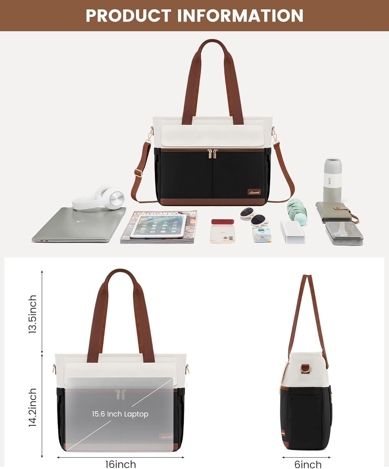Laptop Tote Bag for Women \u2013 15.6" Roomy Work Bag with Large Inside Cup Pocket, Multiple Pockets for Teacher Nurse, Large Capacity Carry on Travel, Computer Purse Handbag for Office College 15.6 Inch - Image 4