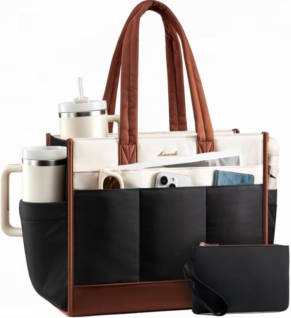 Tote Bag for Women, Lightweight Puffer Work Handbag with Large Cup Holder, 15.6 Inch Laptop Computer Purse for Nurse Teacher, 25L Quilted Travel Tote Shoulder Bag for College Office Gym Cream-black-brown