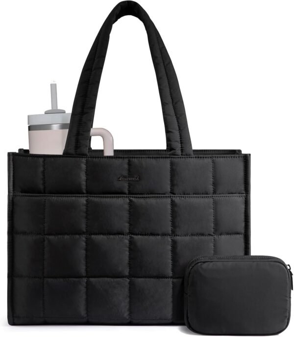 Tote Bag for Women, Puffer Work Handbag 15.6 Inch Laptop Purse for Nurse Teacher, Large Quilted Travel Tote Shoulder Bag with Zipper for College Office Clinical Gym, Black Black