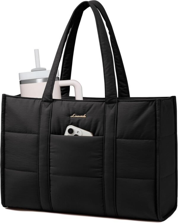 Laptop Bag for Women, Puffer Tote Bag for Work 15.6 Inch Large Computer Briefcase for Teacher Nurse, Quilted Lightweight Casual Shoulder Bag For Travel, Daily Jet Black