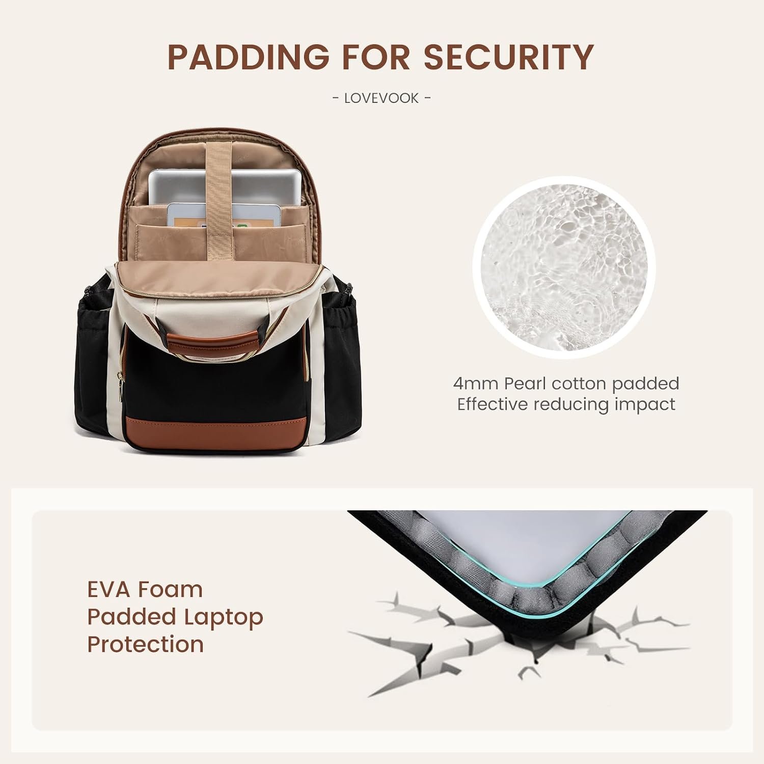 Laptop Backpack for Women with Pouch Pocket for Large Capacity Cup,15.6 Inch Laptop Computer Bag Travel Backpack Purse,Waterproof Work Business Backpack College Teacher Bags,Beige-Black-Brown Beige - Black - Chestnut Brown - Image 4