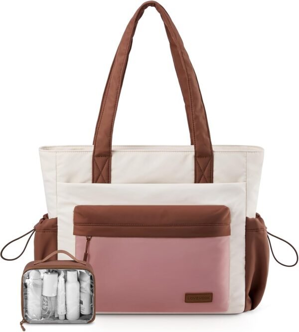 Tote Bag for Women, Puffer Work Tote with Zipper, Compartments, Travel Handbag for Nurse, Teacher, Daily Use, Gym Pink-white-brown