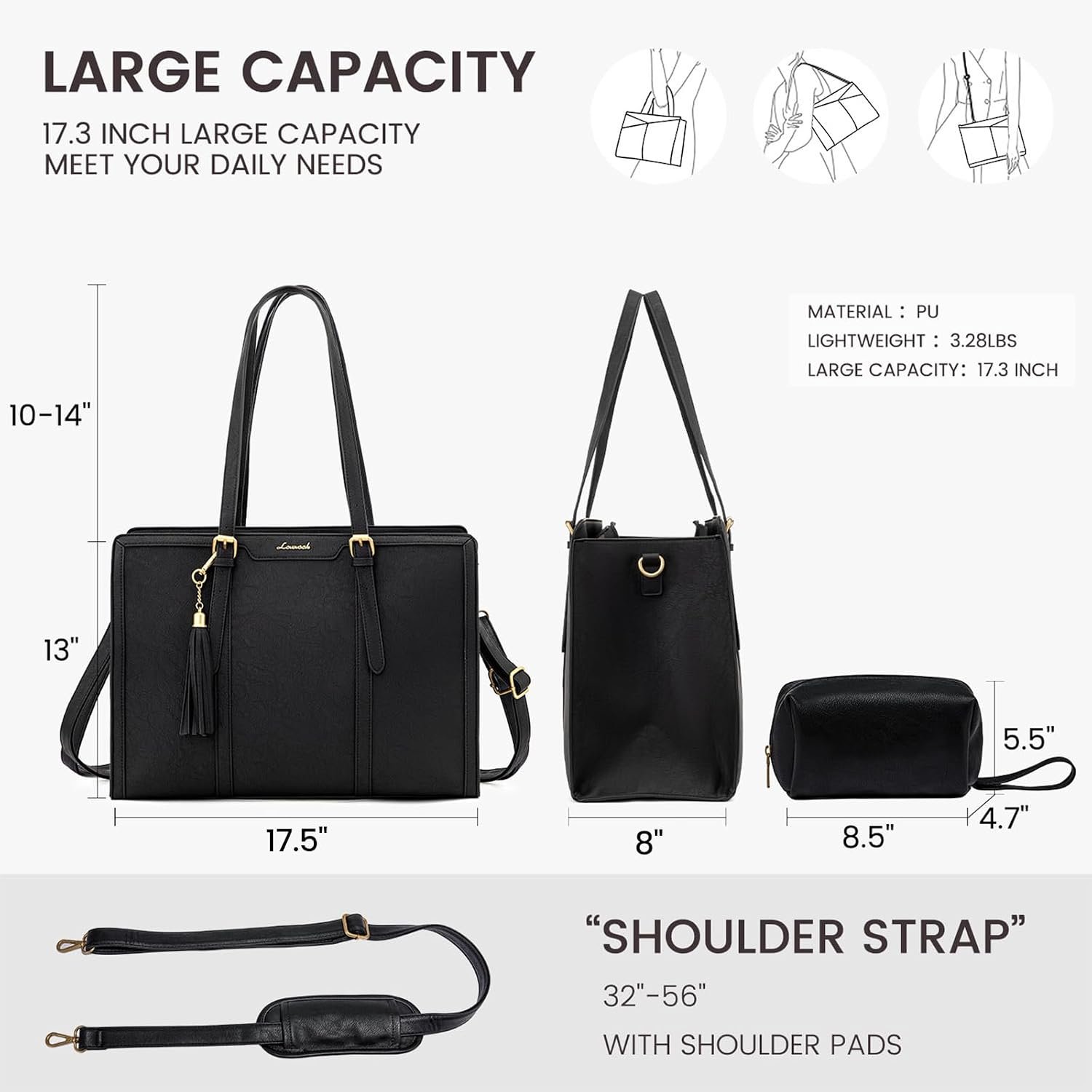 Laptop Bag for Women Vintage Leather Laptop Tote 17.3 inch Large Capacity Computer bag with Clutch Purse for Work 17.3 inch - Image 3