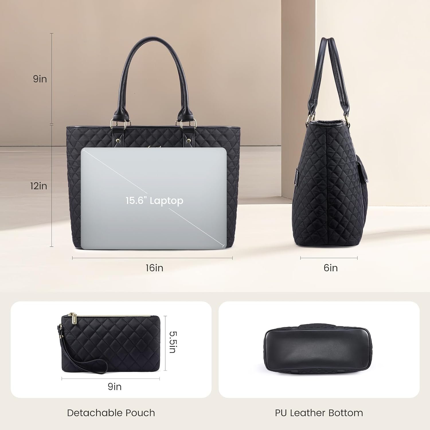 Laptop Tote Bag for Women 15.6 Inch,Waterproof Computer Bag for Laptop for Womens,Quilted Travel Work Tote Bags for Women,Stylish Laptop Bag Purse with Luggage Sleeve for Teacher,Nurse,Office 15.6 Inch - Image 6