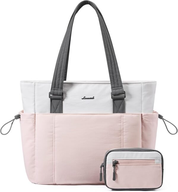 Tote Bag for Women, Puffy Work Tote with Large Cup Holder, Quilted Laptop Bag Travel Tote Shoulder Bag Handbag Pink-white-gray