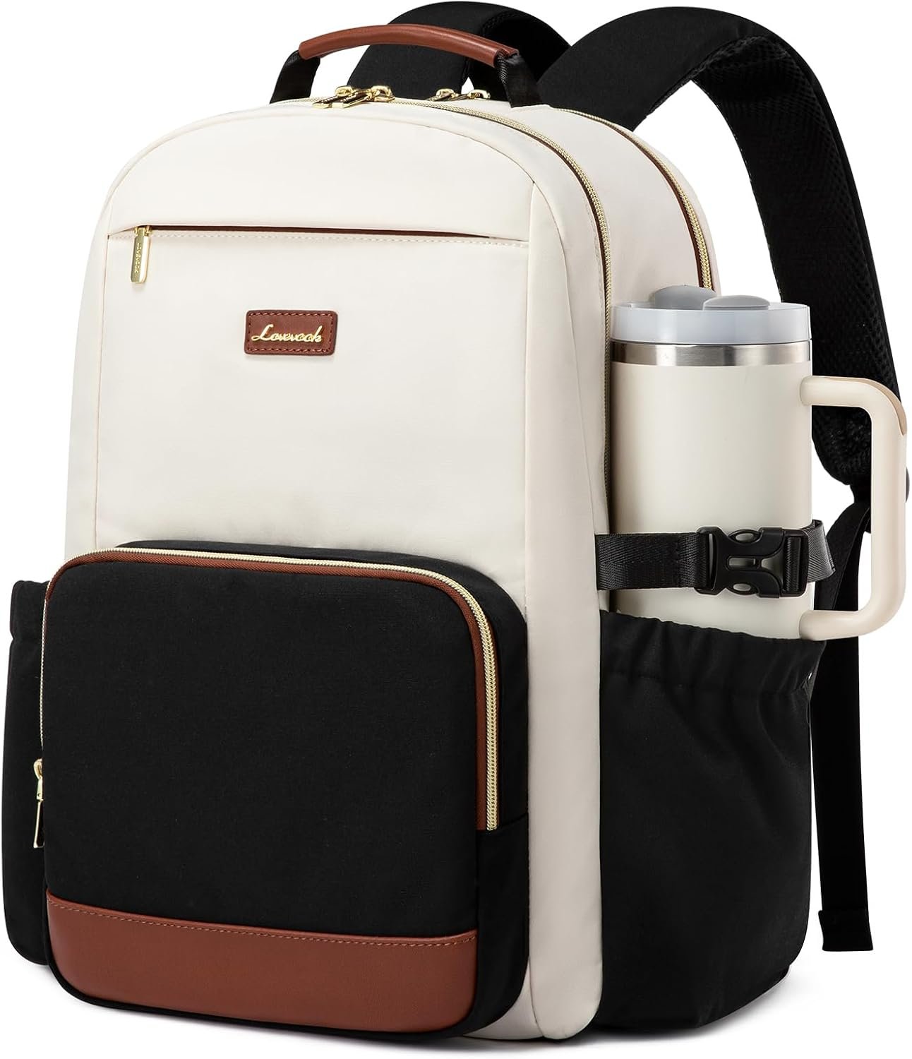 Laptop Backpack for Women with Pouch Pocket for Large Capacity Cup,15.6 Inch Laptop Computer Bag Travel Backpack Purse,Waterproof Work Business Backpack College Teacher Bags,Beige-Black-Brown Beige - Black - Chestnut Brown