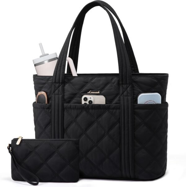 Puffer Tote Bag for Women, Puffy Work Handbag with Cup Holder, Travel Carry On Bag with Zipper for Teacher Nurse Gym Black