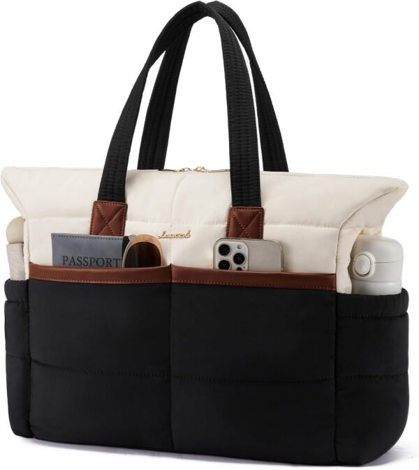 Tote Bag for Women,Light Puffer Tote Bag with Multi-pockets,Stylish Carry on Laptop Bags for Daily,Travel,Work,Gym | with Multi-pockets 1-black-beige-brown(puffer)