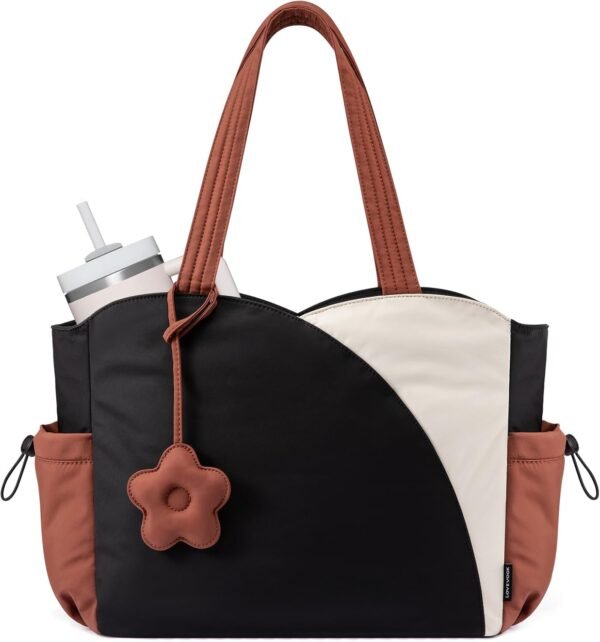 Tote Bag for Women, Puffer Work Bags with Zipper for Daily Travel College, Teacher Nurse Laptop Handbags Purses Gift Beige-black-brown