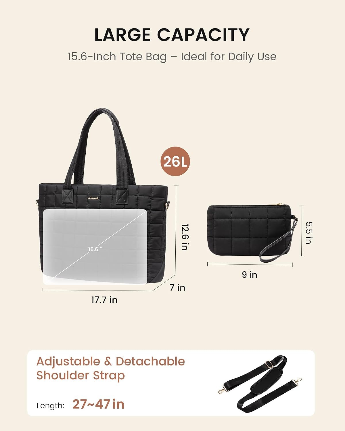 Laptop Tote Bag for Women, 15.6 Inch Large Puffer Work Tote Computer Bags, Quilted Women's Shoulder Purse Bag with Zipper, Teacher Office Handbag for Travel College Business, Gifts, Black Black - Image 5