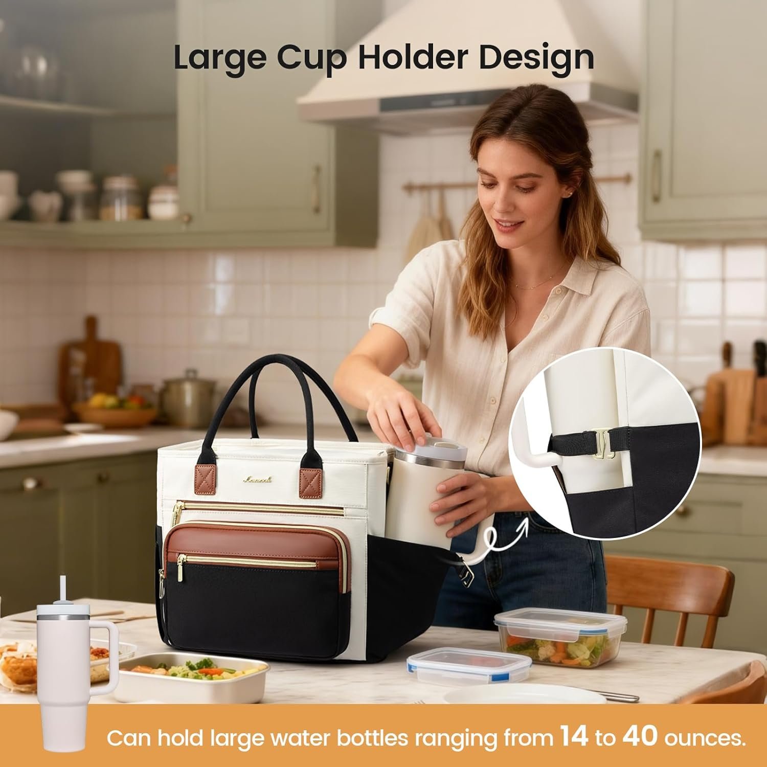 Insulated Lunch Bag Women,Wide Opening Adult Lunch Box Women with Cup Holder,Large Leakproof Cooler Bag for Work Picnic Beach Family College Mom,Lunch Teacher Tote Bag for Gift Black with Off White with Brown - Image 2