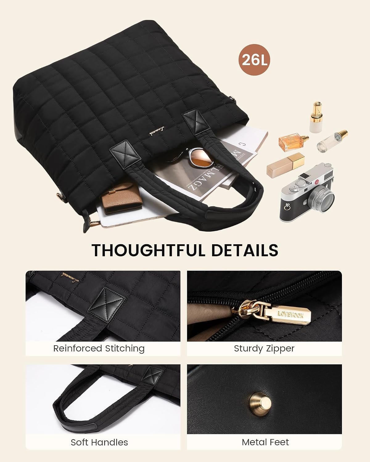 Laptop Tote Bag for Women, 15.6 Inch Large Puffer Work Tote Computer Bags, Quilted Women's Shoulder Purse Bag with Zipper, Teacher Office Handbag for Travel College Business, Gifts, Black Black - Image 7