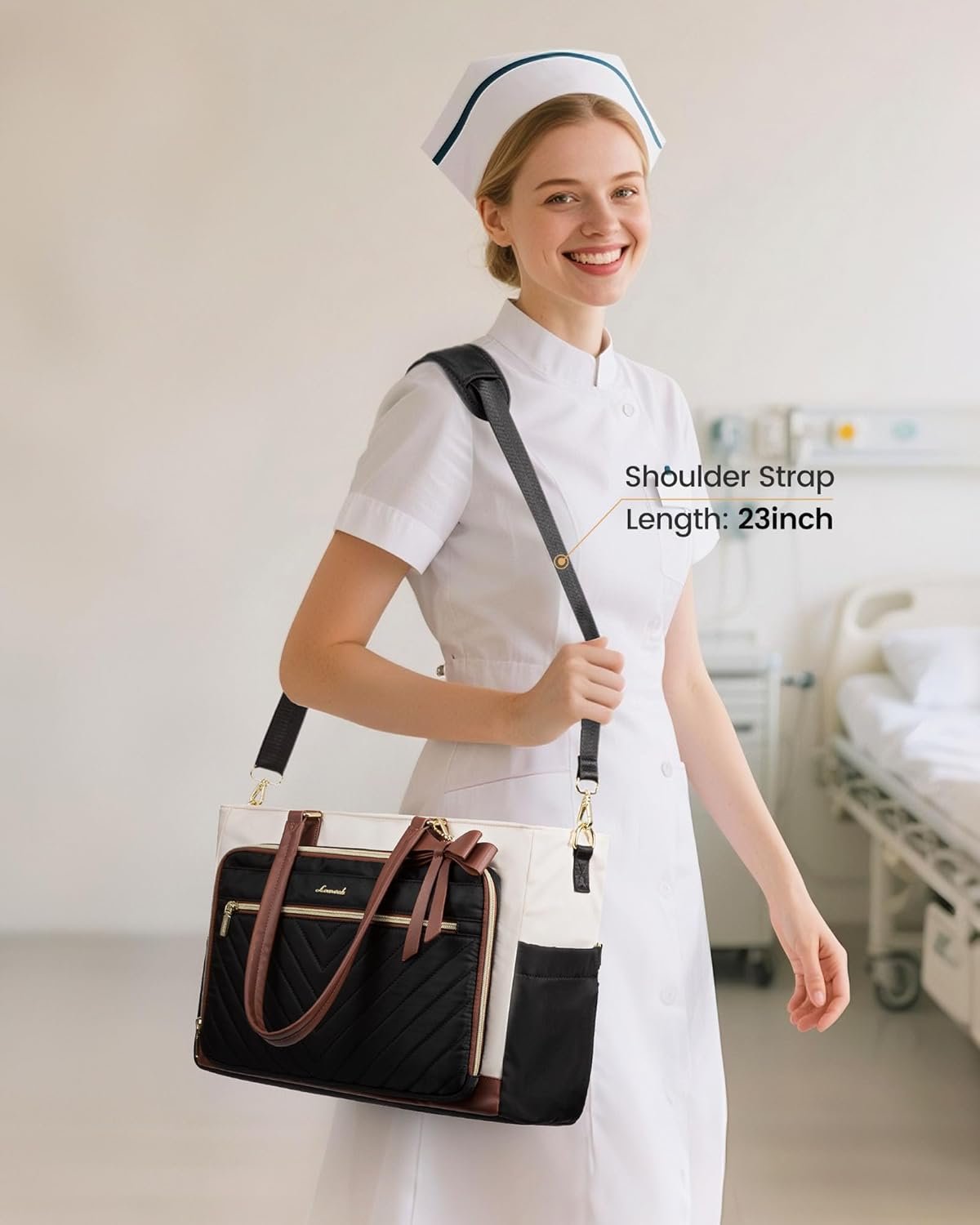 Lunch Bag, Tote Bag for Women with Insulated Lunch Compartment, Laptop Bag with Large Capacity & Cup Holder, Work Tote for Teacher, Nurse, Travel, College, Daily, Black-Beige-Brown, 17.3 Inch 17.3 Inch With Lunch Compartment - Image 2