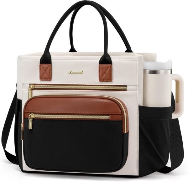 Insulated Lunch Bag Women,Wide Opening Adult Lunch Box Women with Cup Holder,Large Leakproof Cooler Bag for Work Picnic Beach Family College Mom,Lunch Teacher Tote Bag for Gift Black with Off White with Brown