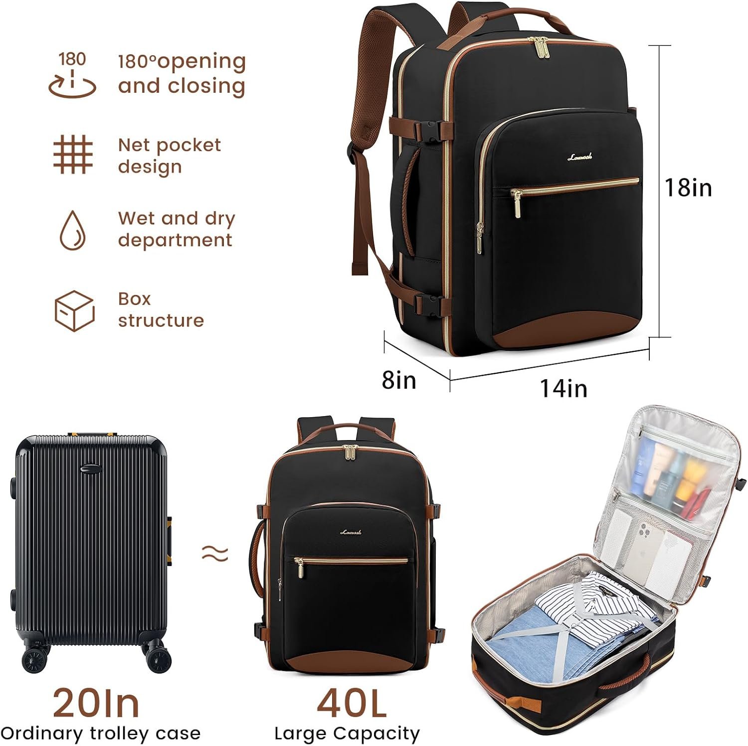 40L Large Travel Backpack for Women Men, 17 Inch Carry on Backpack for Traveling on Airplane, Personal Item Bag Airline Approved, Business Causal Weekender Backpack, Black-Brown 1 Black-brown - Image 3