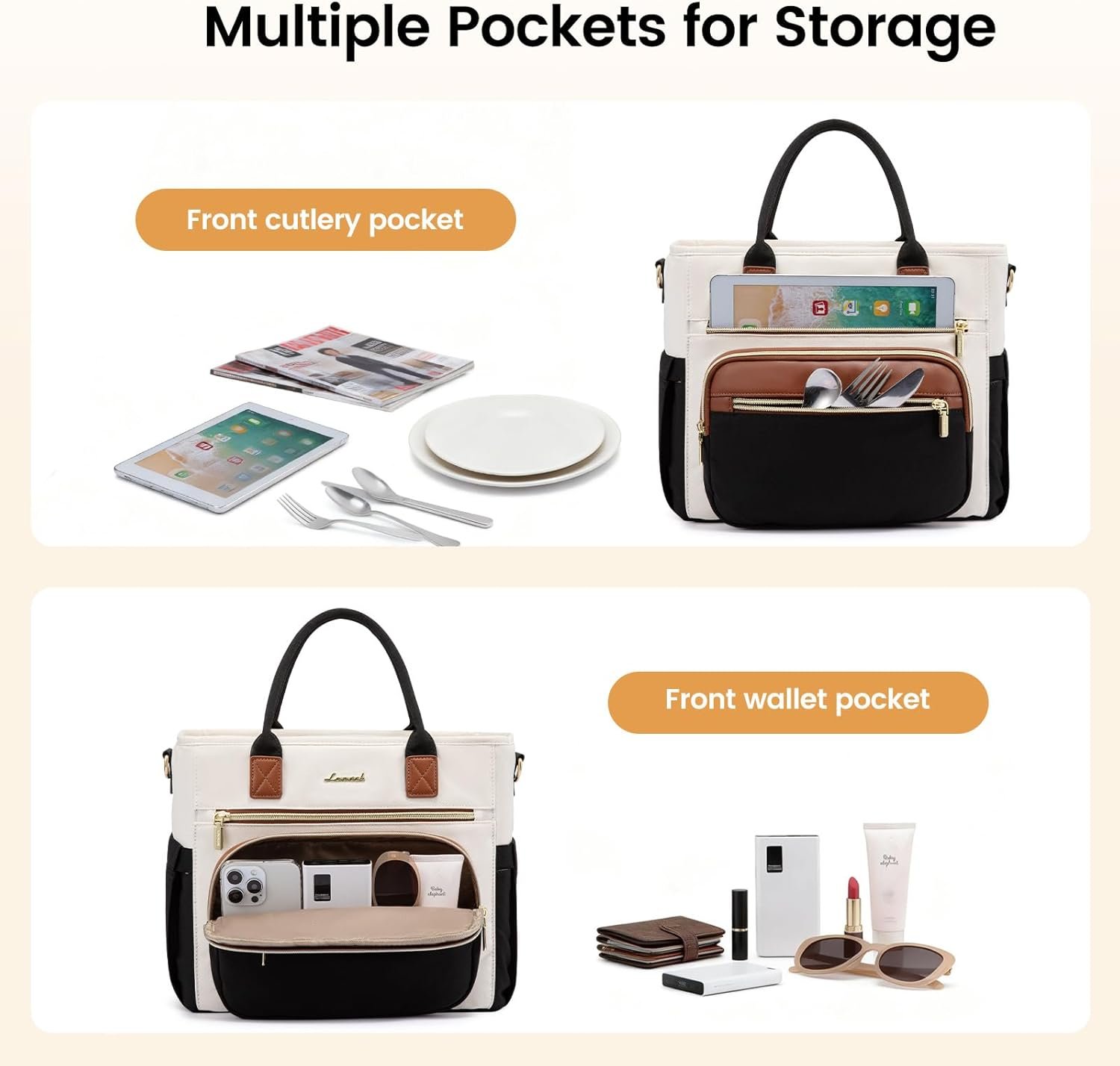 Insulated Lunch Bag Women,Wide Opening Adult Lunch Box Women with Cup Holder,Large Leakproof Cooler Bag for Work Picnic Beach Family College Mom,Lunch Teacher Tote Bag for Gift Black with Off White with Brown - Image 6