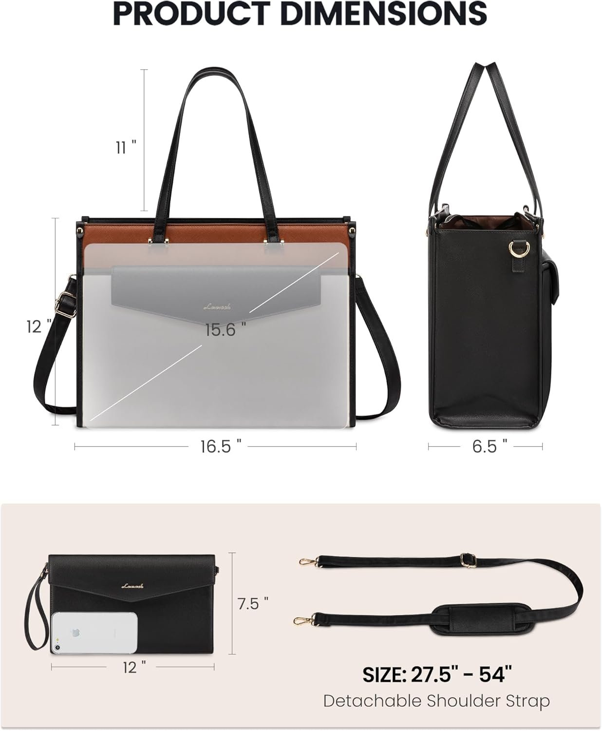 Laptop Bag for Women, 15.6'' Laptop Tote Purse 2-in-1 Professional Work Bag Business Briefcase with Clutch Purse, Waterproof Leather Computer Handbag for Teacher Office Travel Black White Brown - Image 8