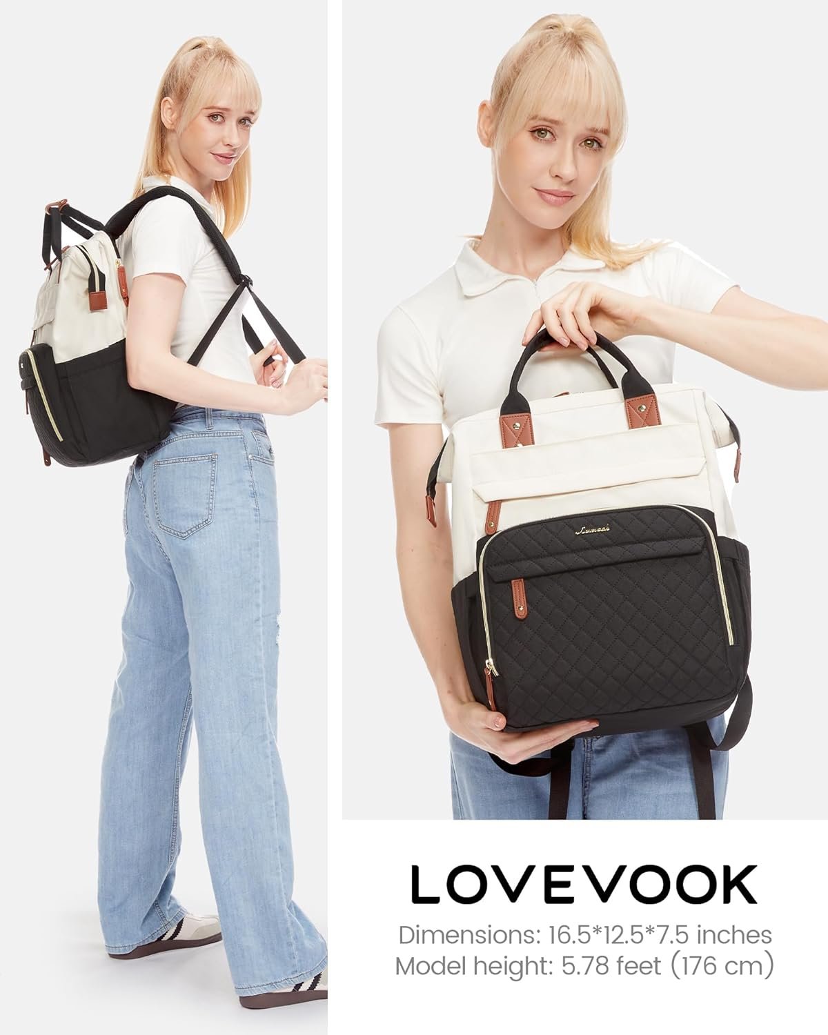 Laptop Backpack for Women, 15.6'' Waterproof Nurse Bag Teacher Work Backpack Purse for Women, Travel Computer Backpack for College Office Business Ladies Cream-black - Image 5