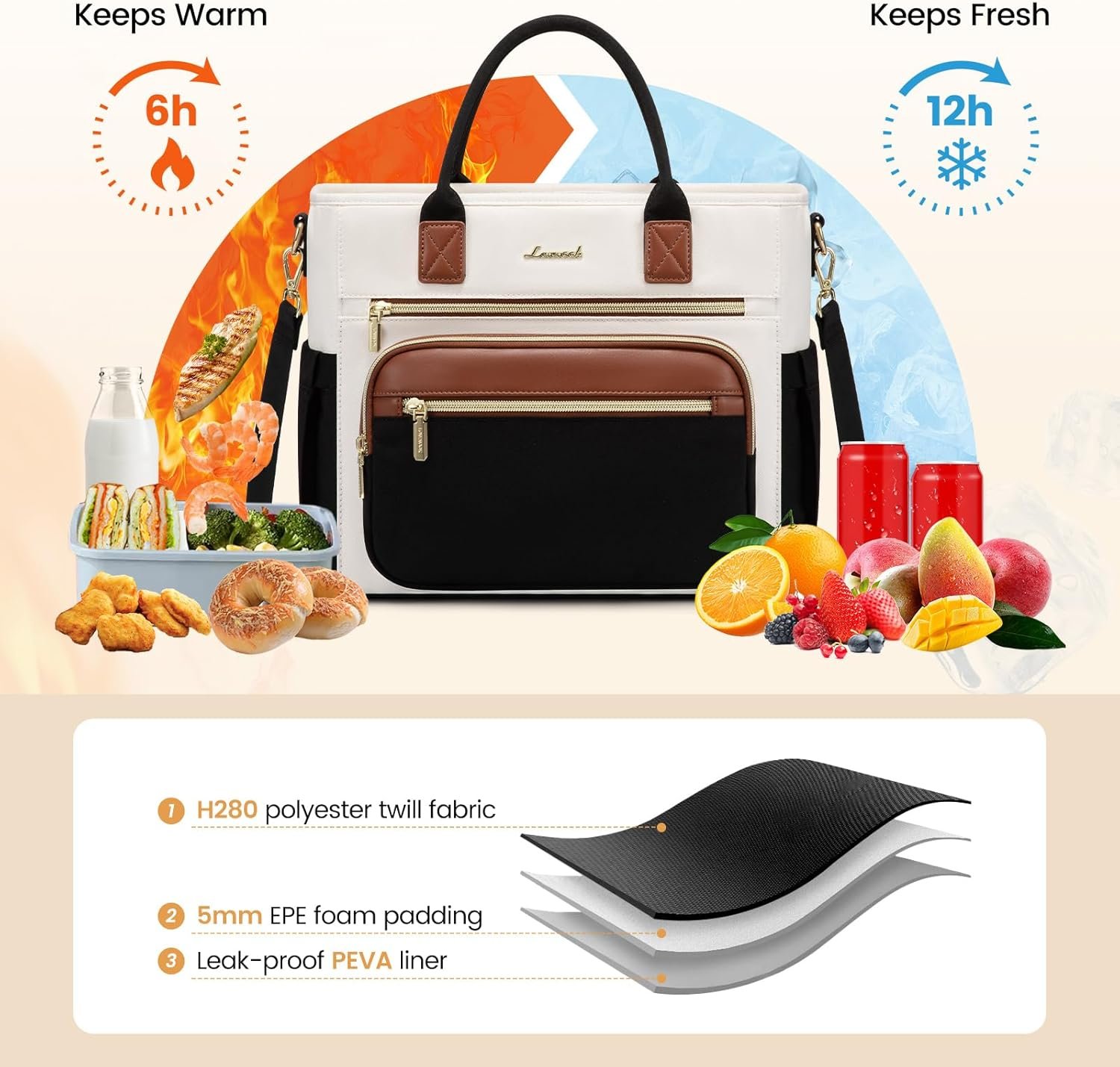 Insulated Lunch Bag Women,Wide Opening Adult Lunch Box Women with Cup Holder,Large Leakproof Cooler Bag for Work Picnic Beach Family College Mom,Lunch Teacher Tote Bag for Gift Black with Off White with Brown - Image 3