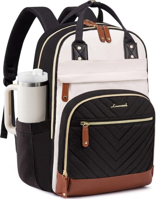 Laptop Backpack Women with Giant Tumbler Holder,15.6 inch Waterproof Work Travel Backpack Computer Laptop Bag,Cute College Nurse Teacher Backpack Purse,Gifts for Women & Men,Beige-Black-Brown Beige-black-brown