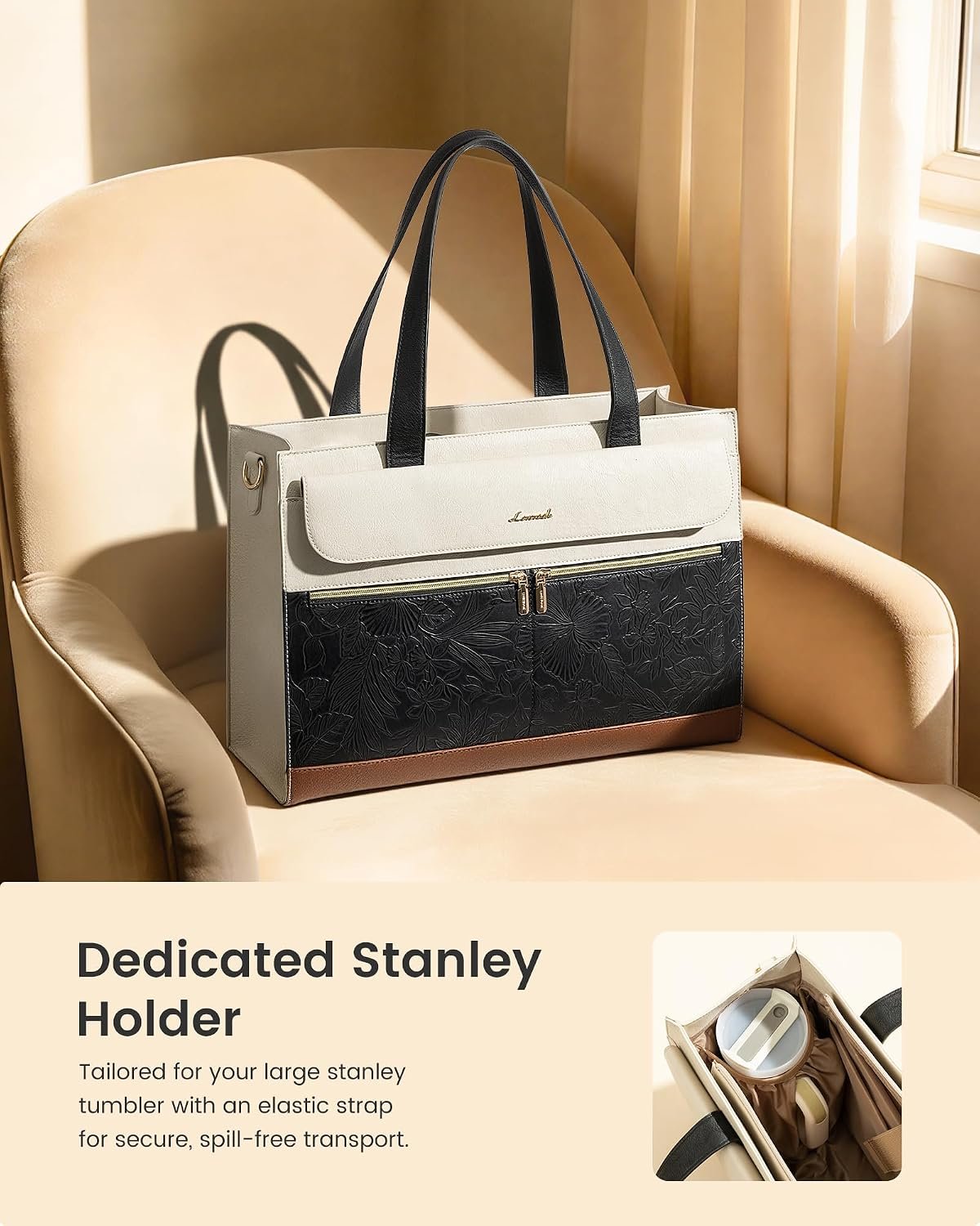 Laptop Tote for Women 15.6 Inch, PU Leather Waterproof Work Tote with Large Tumbler Pocket, Peony Embossed Textured Computer Bag, Organized Teacher Office Business Crossbody Handbag 15.6 Inch - Image 3