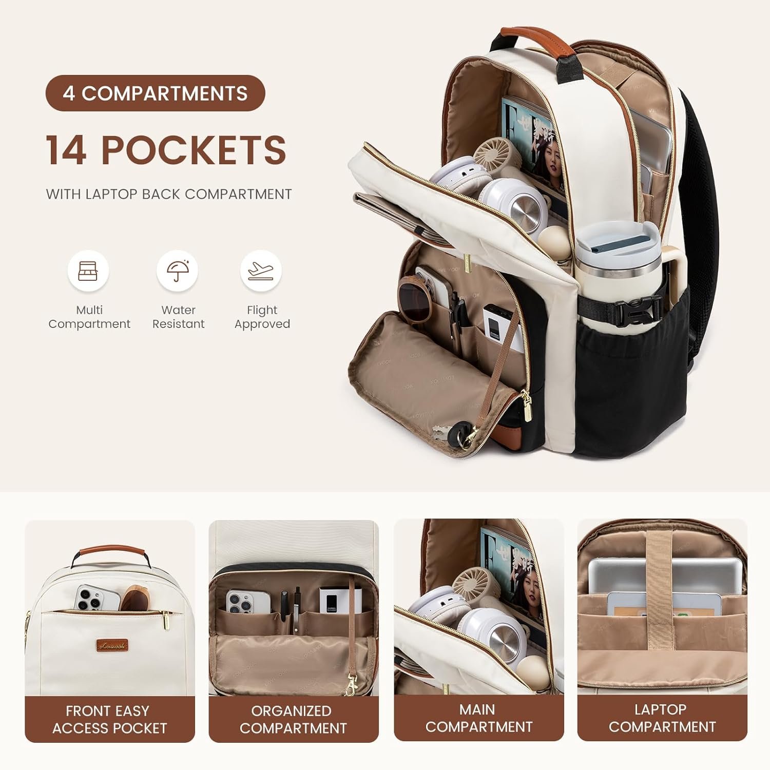 Laptop Backpack for Women with Pouch Pocket for Large Capacity Cup,15.6 Inch Laptop Computer Bag Travel Backpack Purse,Waterproof Work Business Backpack College Teacher Bags,Beige-Black-Brown Beige - Black - Chestnut Brown - Image 3