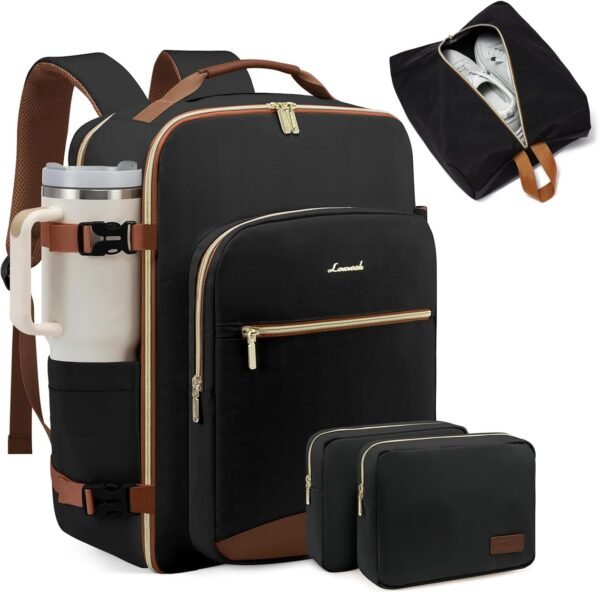 40L Large Travel Backpack for Women Men, 17 Inch Carry on Backpack for Traveling on Airplane, Personal Item Bag Airline Approved, Business Causal Weekender Backpack, Black-Brown 1 Black-brown