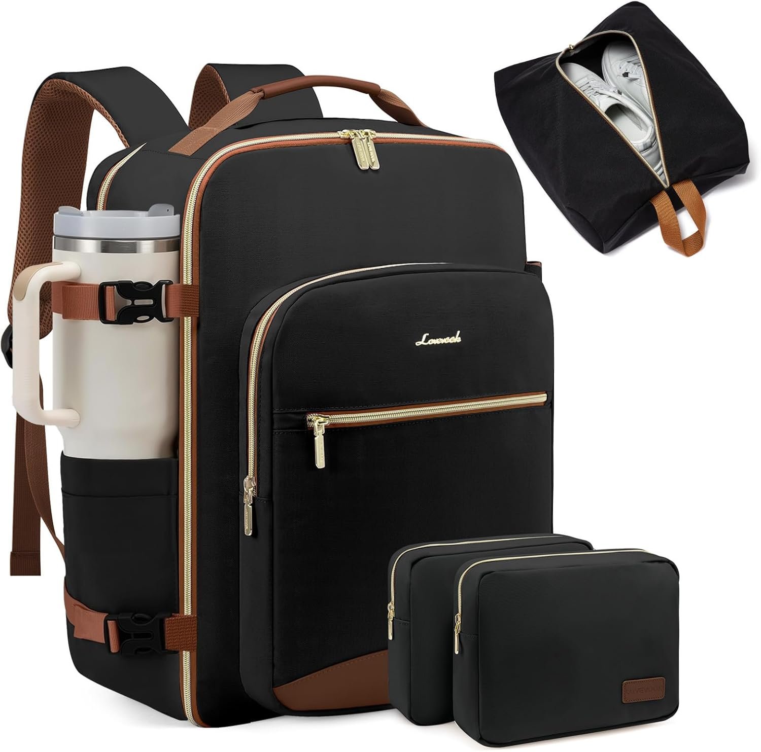 40L Large Travel Backpack for Women Men, 17 Inch Carry on Backpack for Traveling on Airplane, Personal Item Bag Airline Approved, Business Causal Weekender Backpack, Black-Brown 1 Black-brown