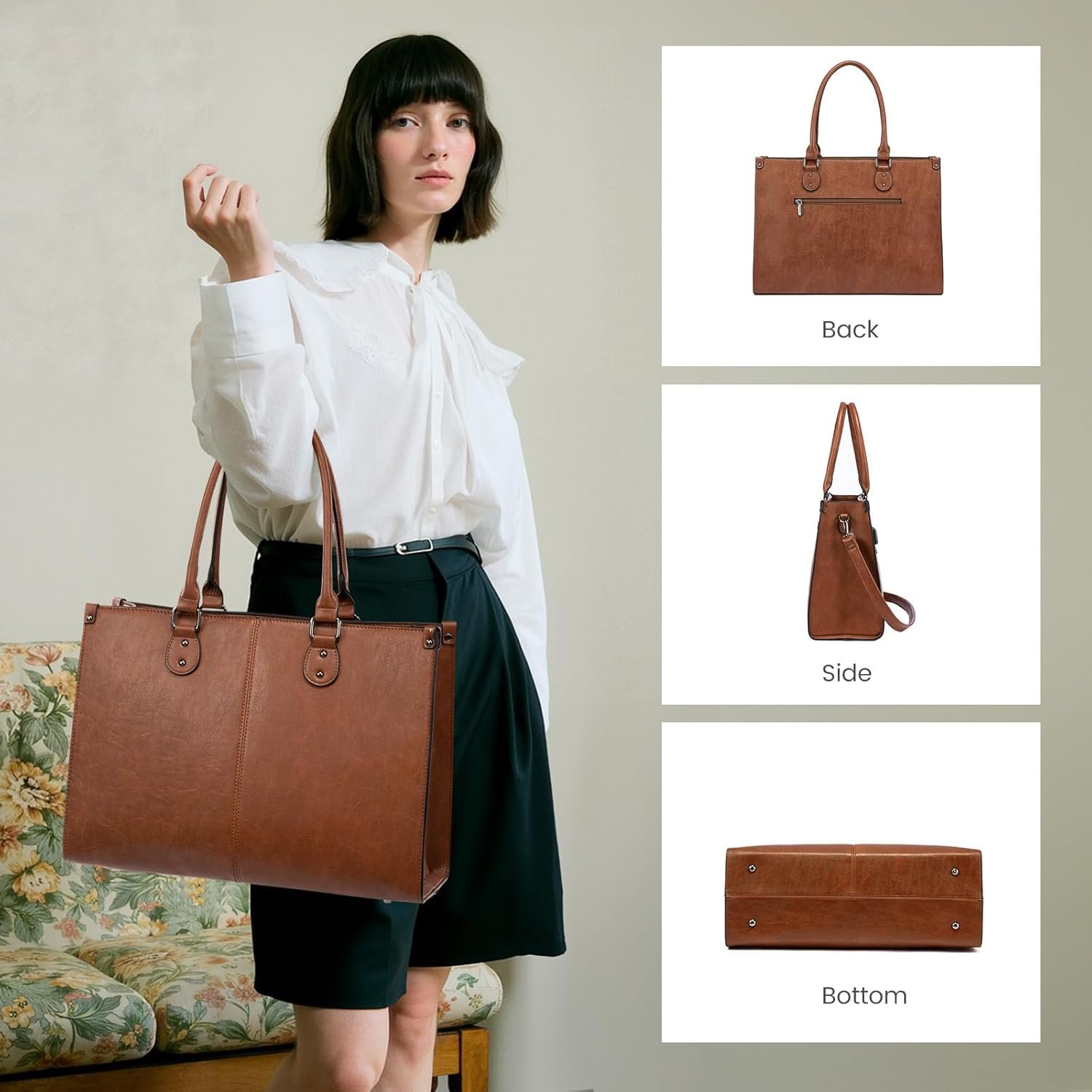 Laptop Tote Bag for Women, 15.6 Inch Professional Work Bag with Matching Clutch, Waterproof Vintage Leather Computer Tote for Office, Business Travel & Daily Use, Gift for Women 15.6 inch - Image 7