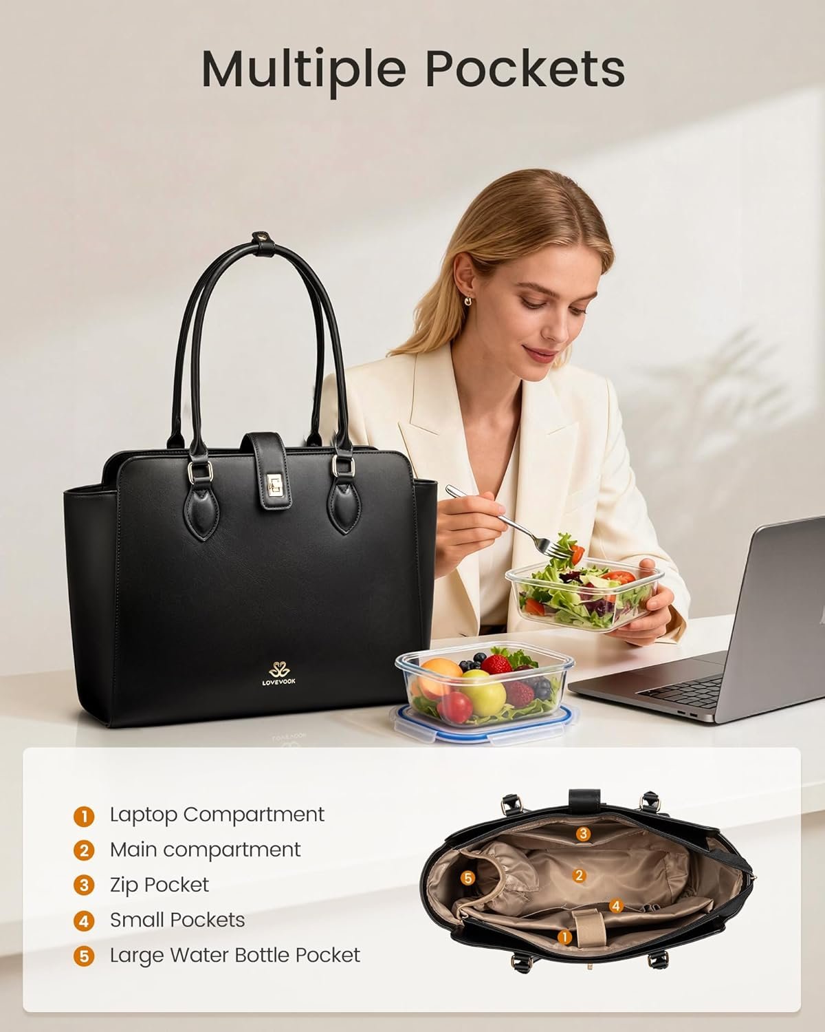 Lunch Tote Bag for Women, 2-in-1 Work Tote Bag with Lunch Compartment, Insulated Lunch Bag & 15.6 Inch Laptop Bag for Women, Ideal for Teacher, Nurse and Camping Use, Black Black-b - Image 5