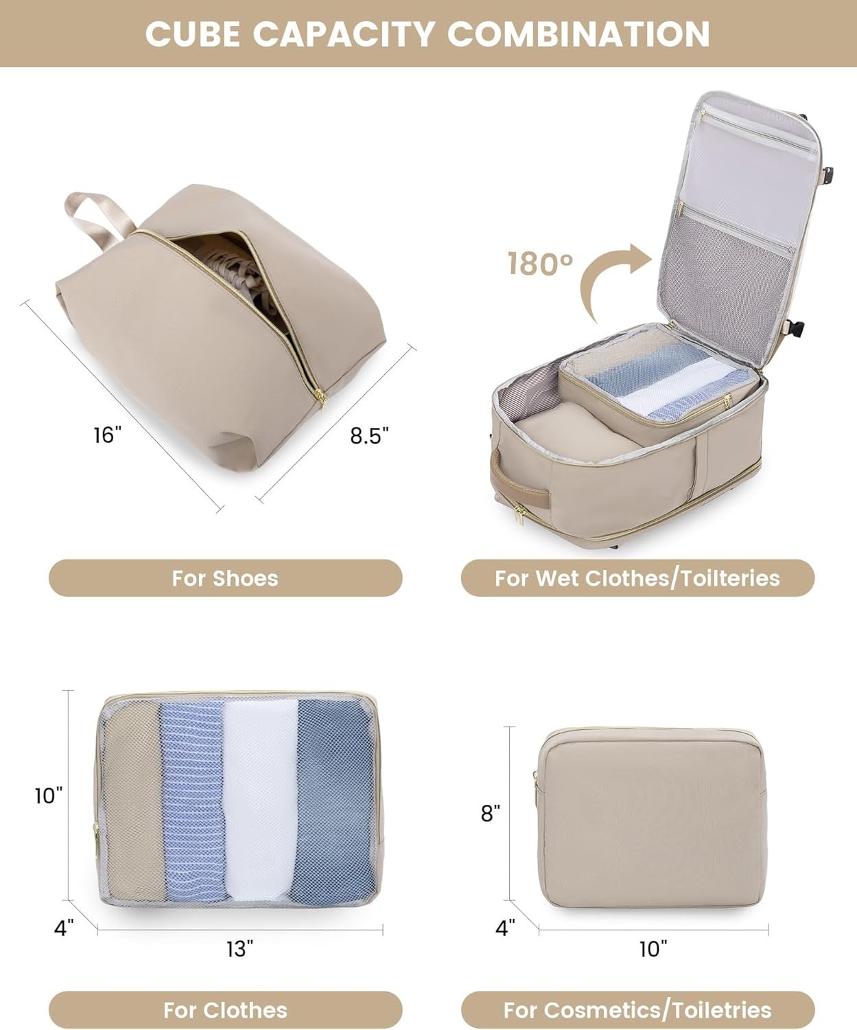 Large Travel Backpack for Women, TSA Carry on Backpack for Airplanes, 40L Personal Item Travel Bag for Women fits 17" Laptop,Waterproof Carry on Bag Airplane Approved with 3 Packing Cubes Khaki - Beige - Abricot - Image 5