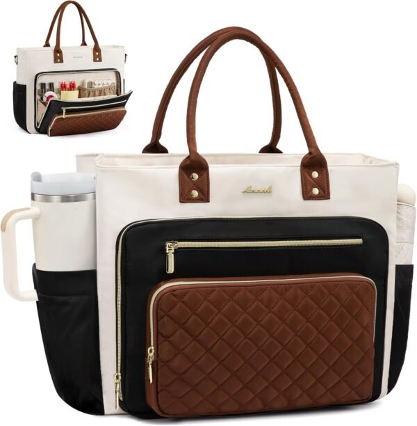 Teacher Tote Bag for Women Work, Laptop Bag With Large Cup Holder, Nurse Bags Professional Briefcase Business Computer Purses Bible Handbag Gifts, Black-Beige-Brown, 15.6 Inch Black-beige-brown