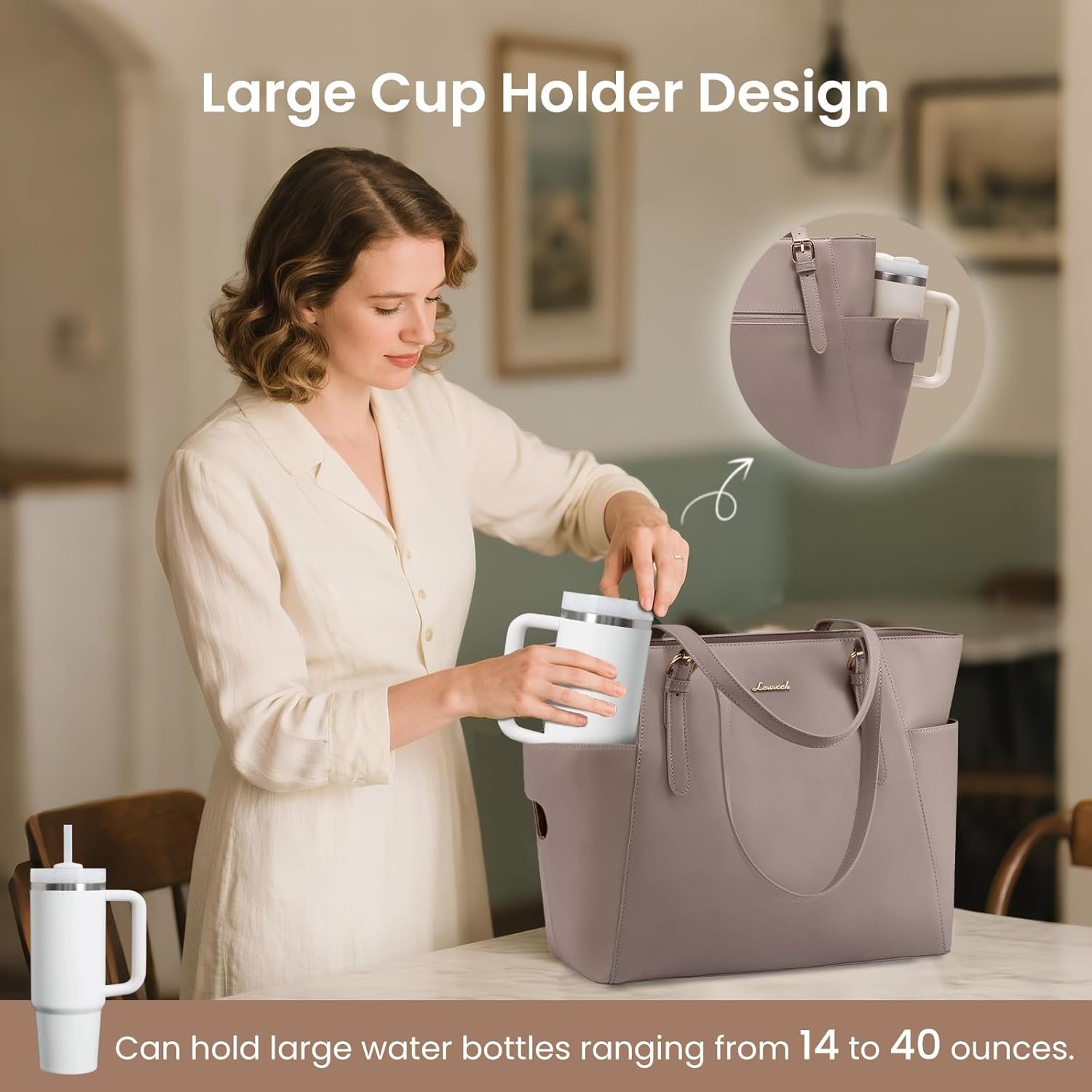 Laptop Tote Bag for Women With Large Cup Holder, Leather Work Tote Bag for Women,15.6 Inch Professional Computer Briefcase Business Teacher Commuter Shoulder Bag,Office Travel Gift Nude Color - Image 3