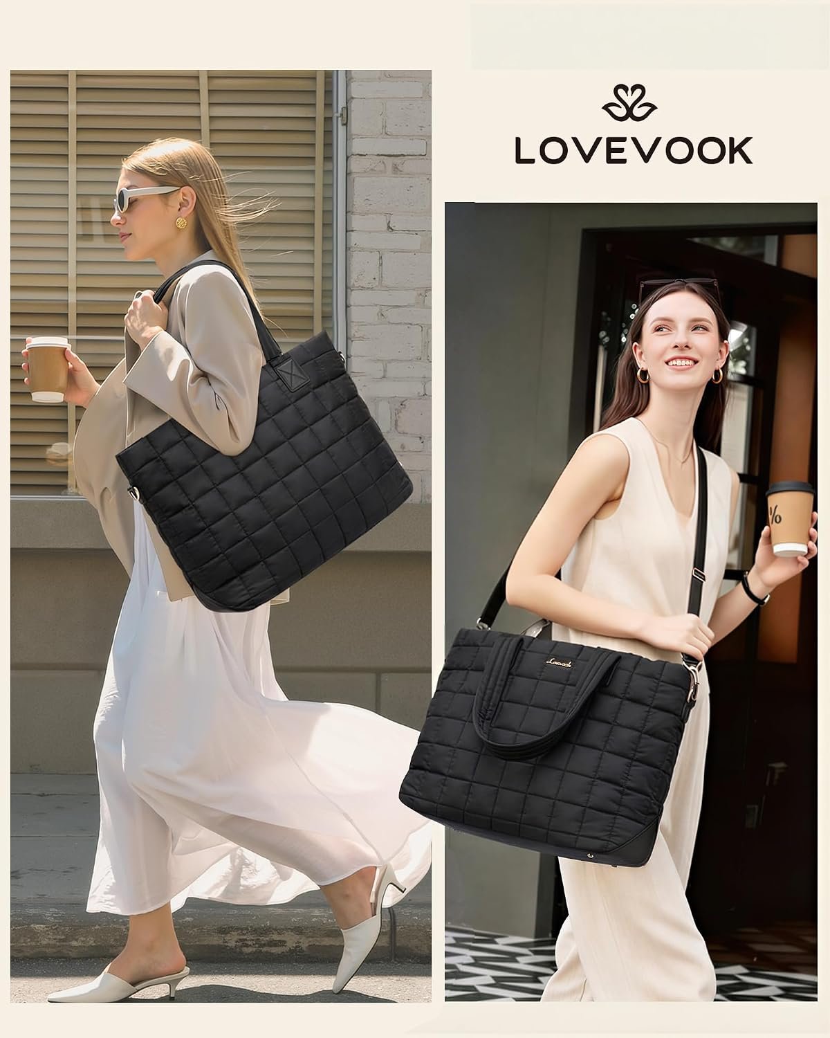 Laptop Tote Bag for Women, 15.6 Inch Large Puffer Work Tote Computer Bags, Quilted Women's Shoulder Purse Bag with Zipper, Teacher Office Handbag for Travel College Business, Gifts, Black Black - Image 2