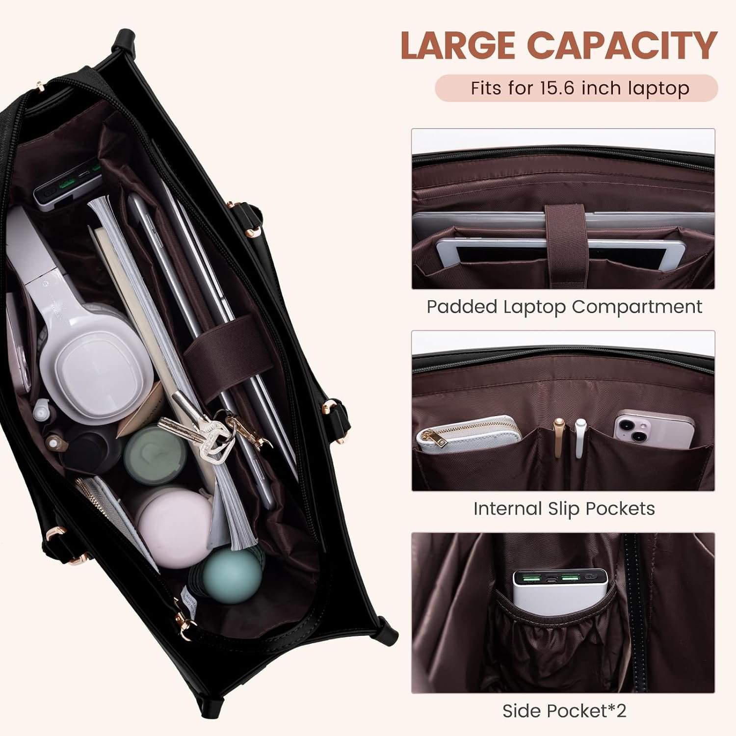 Laptop Bag for Women 15.6 lnch,Waterproof Laptops Tote Bags for Womens,Professional Work Bags for Women with Cup Holder,Large Laptop Purse Computer Briefcase Office Teacher Clutch Bag,2 PCS 15.6 Inch - Image 3