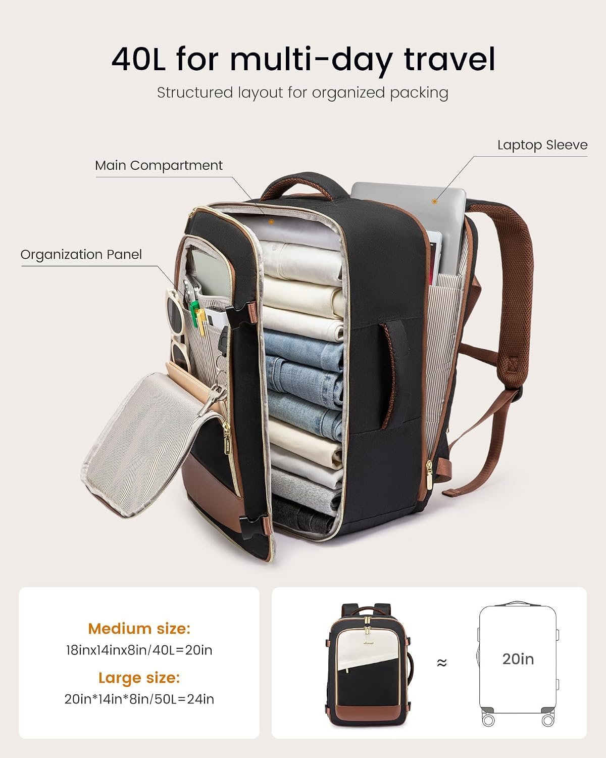 Travel Backpack for Women, 40L Carry On Backpack Flight Approved, Large Personal Item Bag Fits 17 inch Laptop, TSA Approved Luggage with 3 Packing Cubes,Waterproof Weekender Gym Daypack Black-white-brown - Image 3