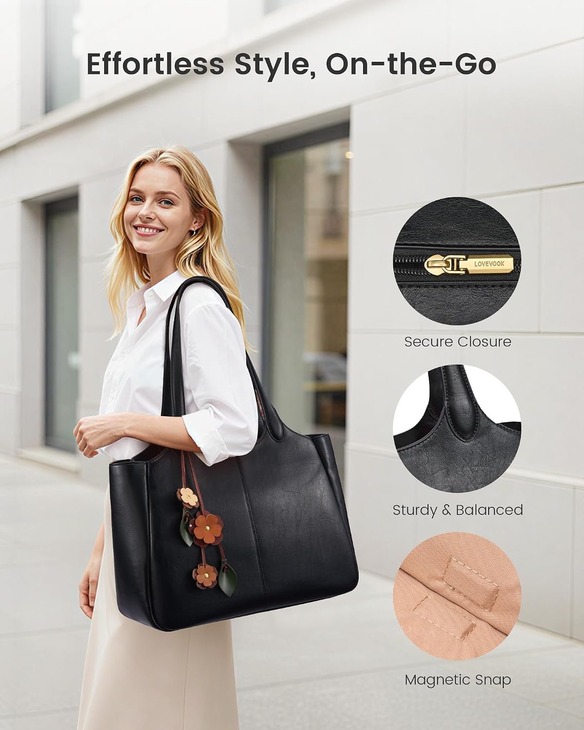 Tote Bag for Women, Leather Vintage Work Bag with 40oz Cup Holder,Nurse Teacher Shoulder Bag,Roomy,6 Pockets Black - Image 5