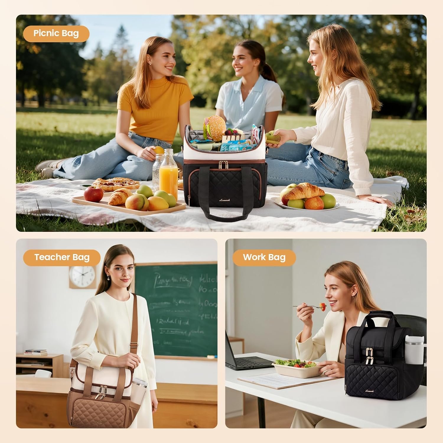 Insulated Lunch Bag for Women,Large Double Deck Adult Lunch Box,Teacher Lunch Tote Bag with Cup Holder,Leakproof Cooler Bag with Adjustable Shoulder Strap for Work Picnic Beach,Larger 15L Black with Off White with Brown - Image 8